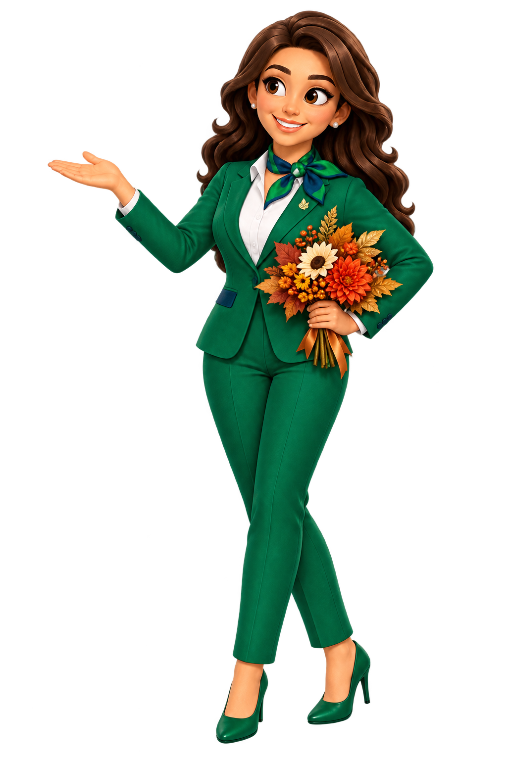 FICO con traje verde, presentando hacia la izquierda y sosteniendo un ramo de otoño junto a la cintura